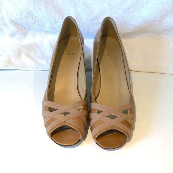 Stuart Weitzman Heels Wedge Peep Toe Tan Patent Leather Narrow (9.5 N) - Picture 2 of 13
